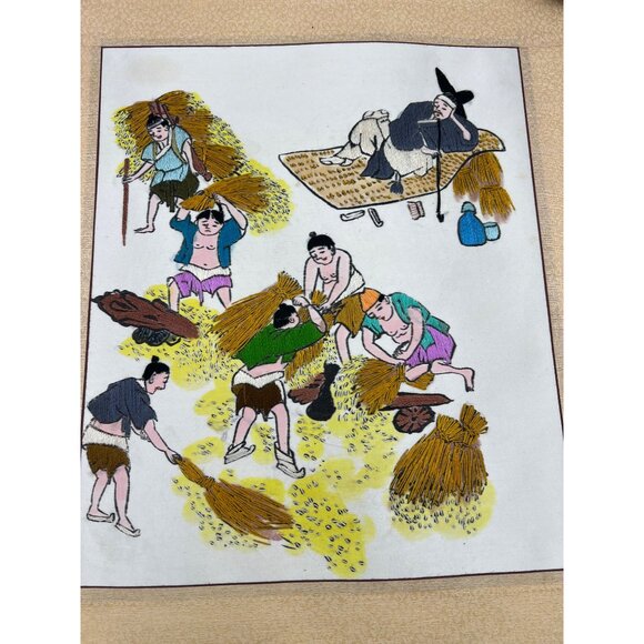 Vintage Korean Silk Embroidery Rice Harvest Scene With Yangban Overseer Panel - Picture 2 of 7